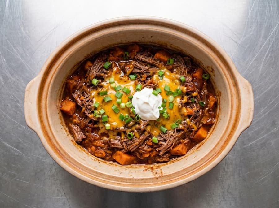 BBQ Beef Loaded Sweet Potatoes, halved and topped with shredded slow-cooked beef