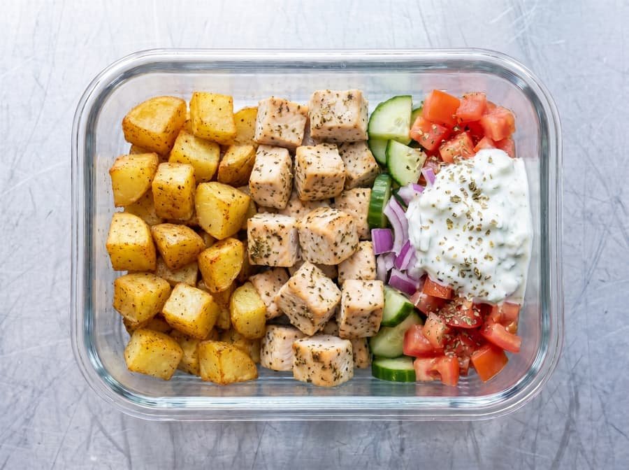 Loaded Chicken Gyros meal-prep box with roasted potatoes, herbed chicken, cucumber, tomato, red onion and tzatziki