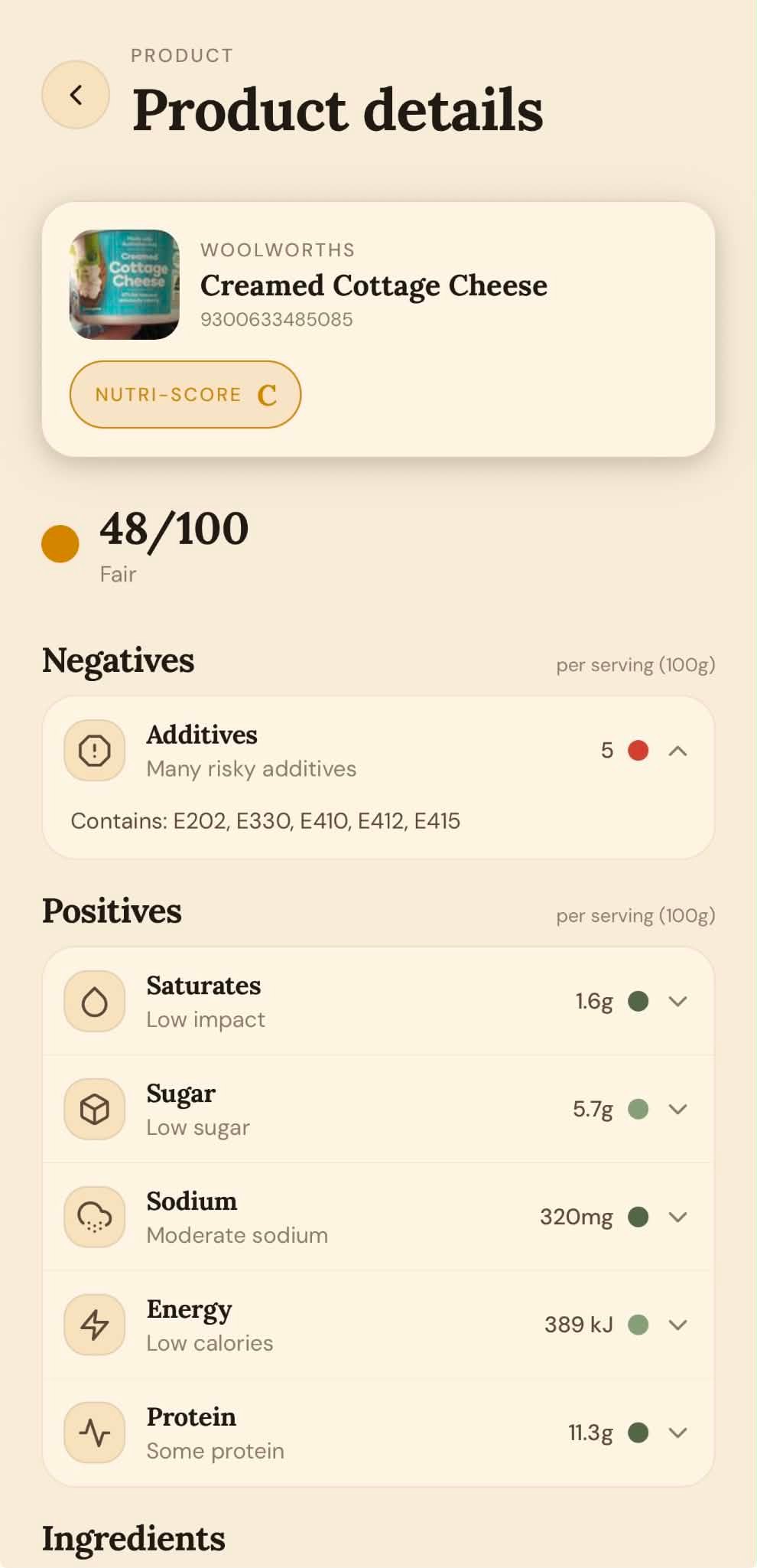Product details with a Nutri-Score and health verdict after scanning a barcode