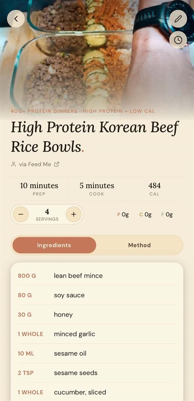 The imported recipe preview: title, servings, time, macros, ingredients and method