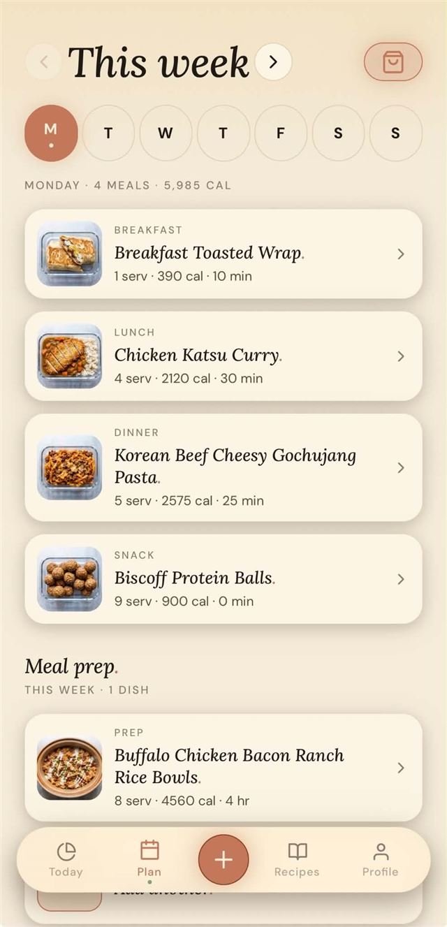 The Feed Me Plan tab: a week of meals with servings, calories, and a batch-cook section